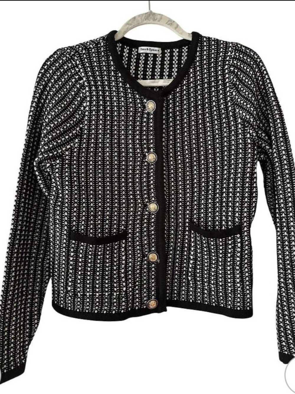 Classic Black & White Knit Cardigan with Gold Buttons